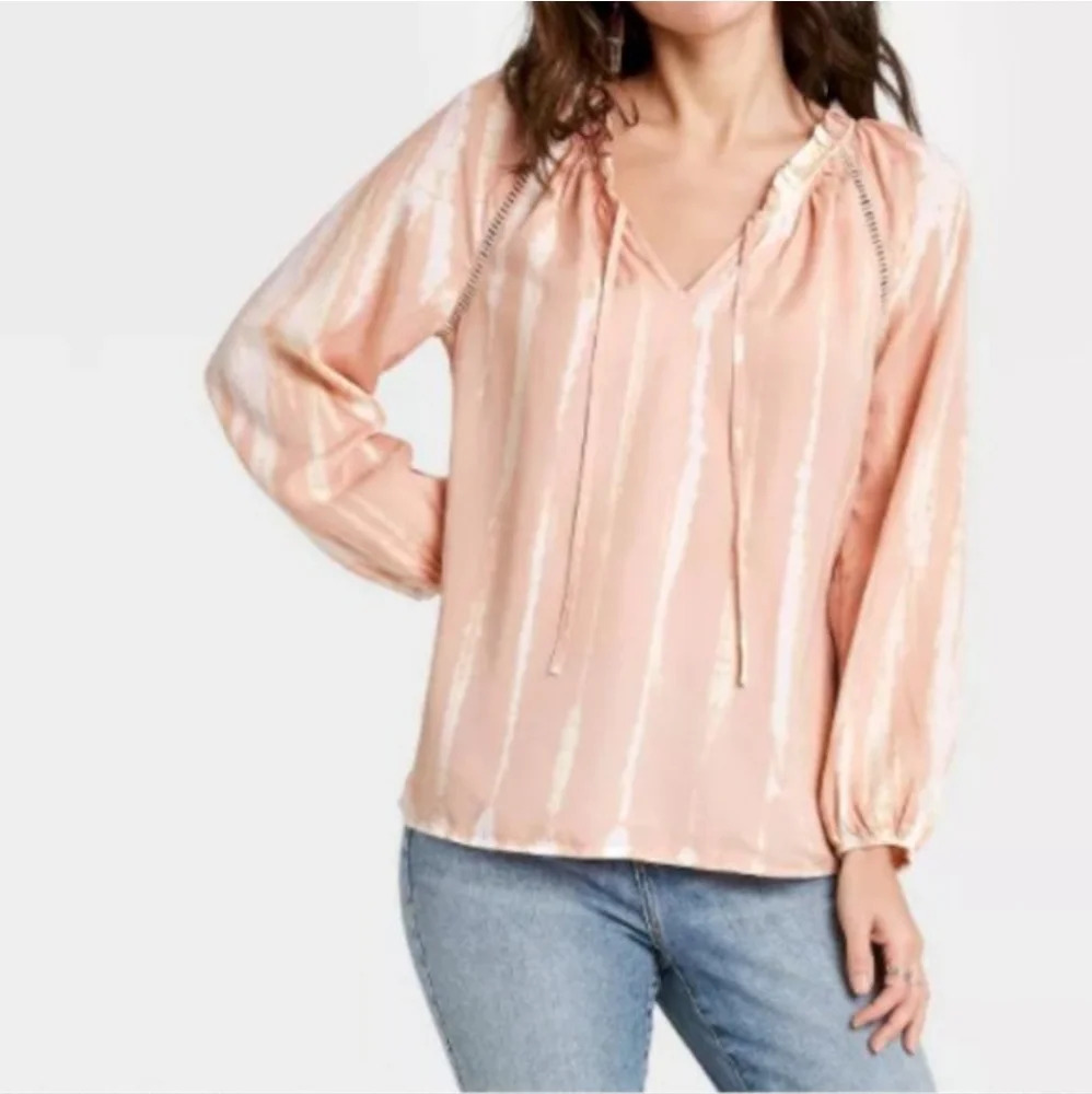 KNOX Rose Women XL Long Sleeve‎ Ruffle Pink Tie Dye Split Neck Ties Pullover Top